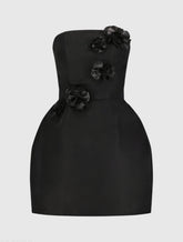 Black Faille Strapless Mini Dress With 3D Flower Details